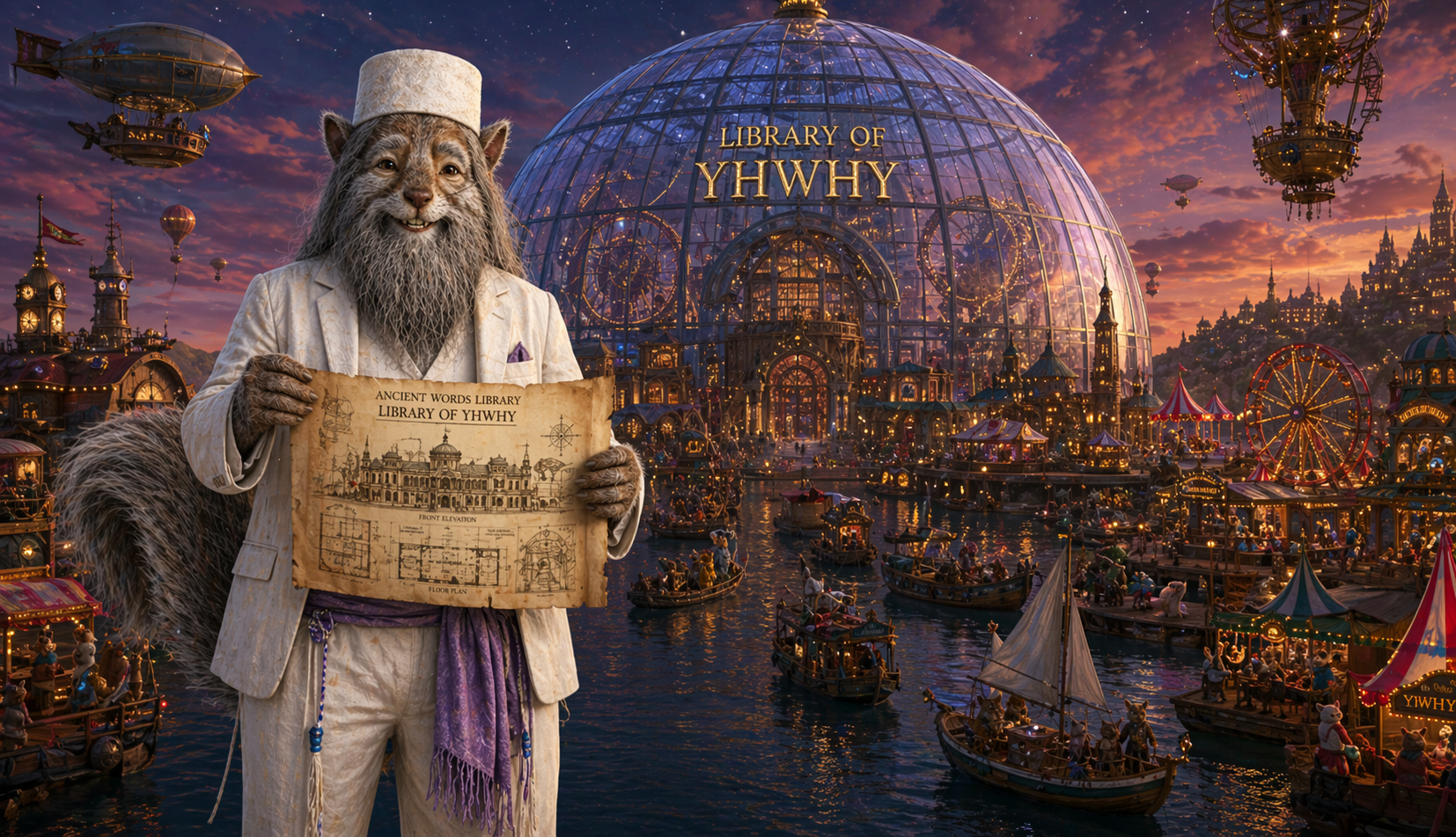 white tux fez purple talit around waist holding the blueprint of the ancient words library in the background is the library of yhwhy