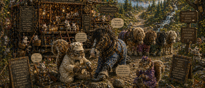 whole team is all loaded up we're on the road but had to stop and everybody has to wait i have attack and hammer and i have to fix the shoe on the little blue horse