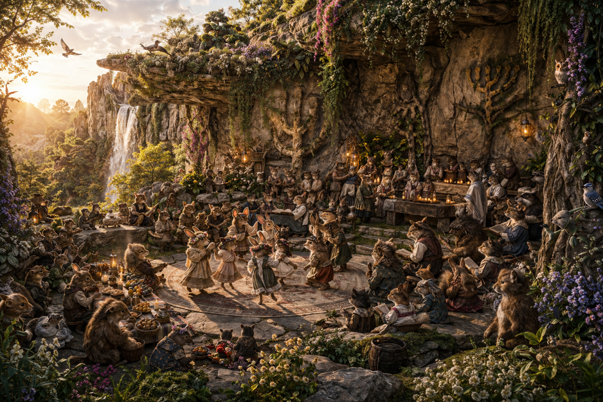 worship for shabbats this is not like a grand human building it is earthly with rock cliff slabs for protection from onlookers and weather ferns florals birds all furry creatures